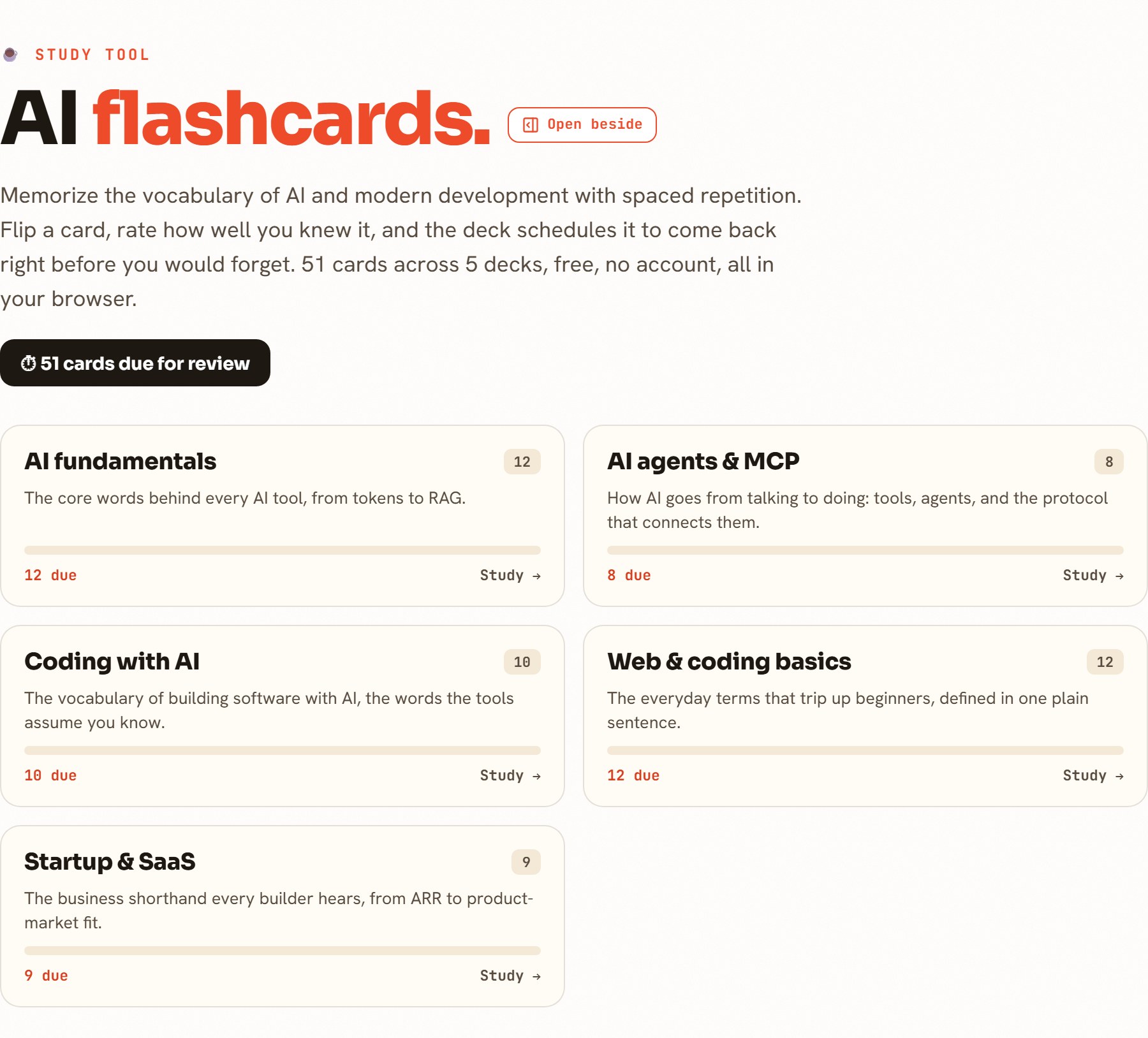 The AI Flashcards page: a 'study tool' header, a '51 cards due for review' badge, and five decks (AI fundamentals, AI agents and MCP, Coding with AI, Web and coding basics, Startup and SaaS) each showing a card count and a Study link