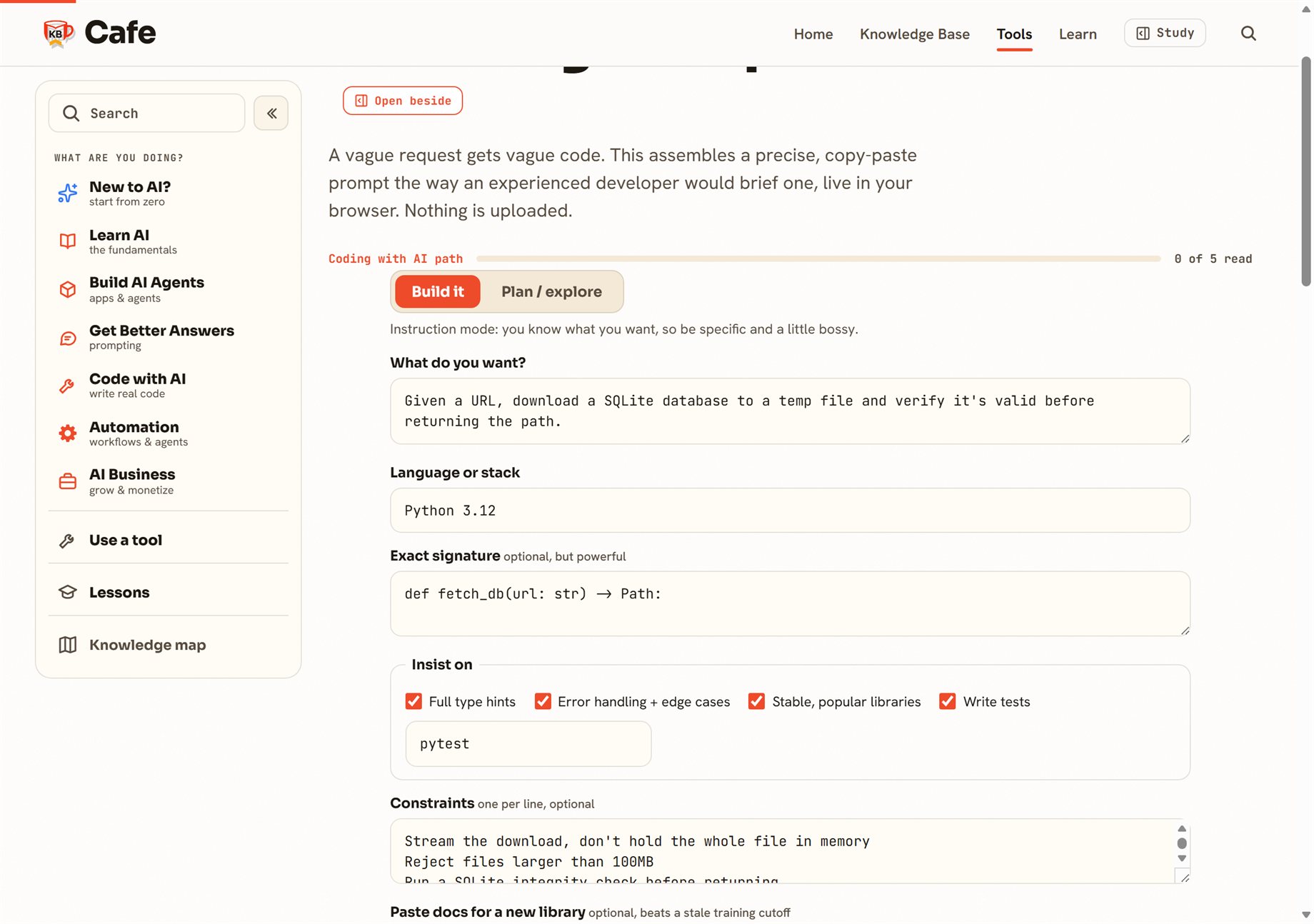 The AI Coding Prompt Builder with an example loaded: build mode, a function signature, and toggles for type hints, tests, and stable libraries