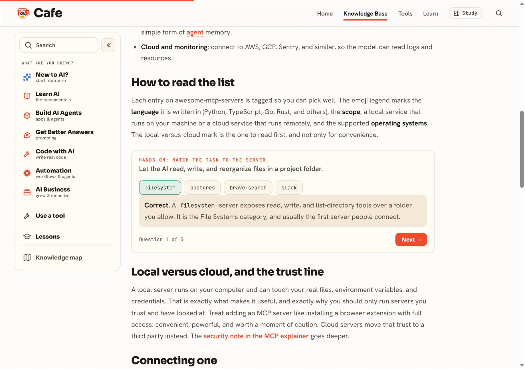 The match-the-task-to-the-server exercise on the MCP servers lesson, showing a correct answer revealed for a filesystem task