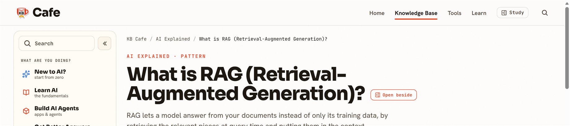 The KB Cafe top bar showing the Study toggle button beside search, and an Open beside button next to the page title