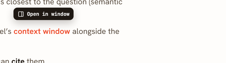 An Open in window chip floating above a context window link inside an article