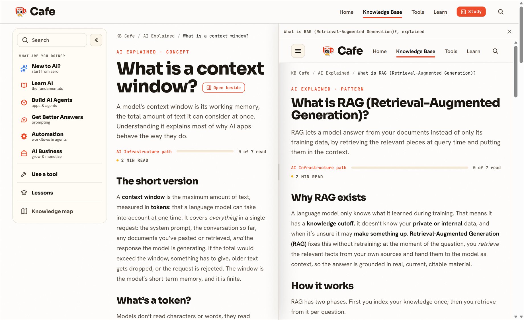 The context window guide on the left and the RAG guide loaded in the Study Window on the right