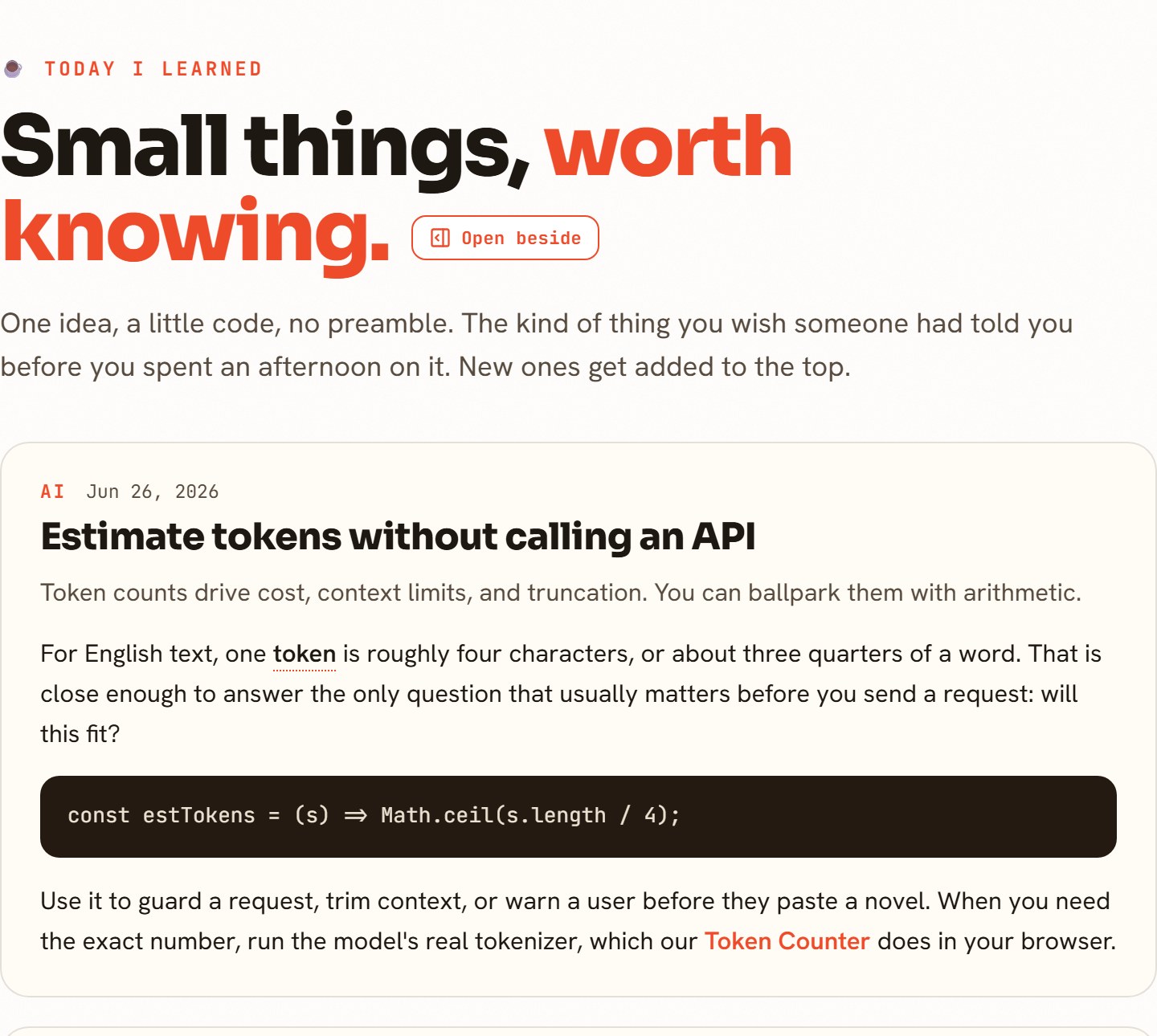 The Today I Learned page with a 'Small things, worth knowing' heading and the first entry, 'Estimate tokens without calling an API', showing a short explanation and a one-line code snippet